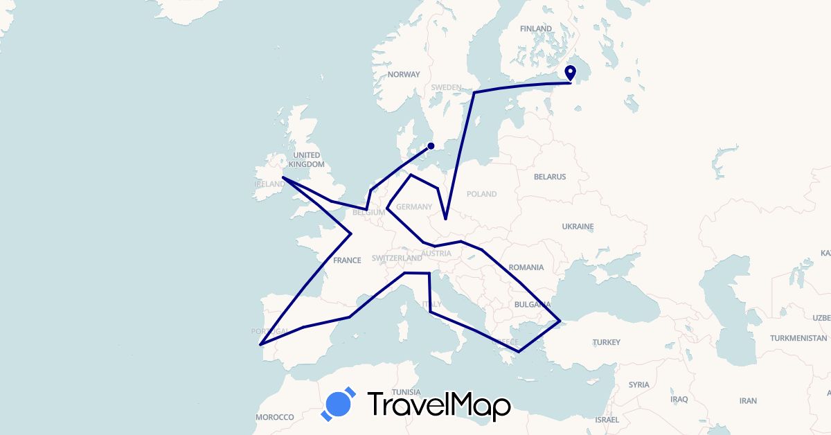 TravelMap itinerary: driving in Austria, Belgium, Czech Republic, Germany, Denmark, Spain, France, United Kingdom, Greece, Hungary, Ireland, Italy, Netherlands, Portugal, Russia, Sweden, Turkey (Asia, Europe)